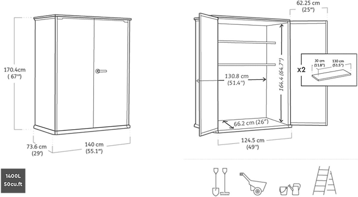 Keter Signature 1400L High Store Outdoor Storage Cabinet – Ashwood Brown | Vertical Shed with Shelves | Weatherproof Resin with Wood-Effect Finish | Lockable Double Doors