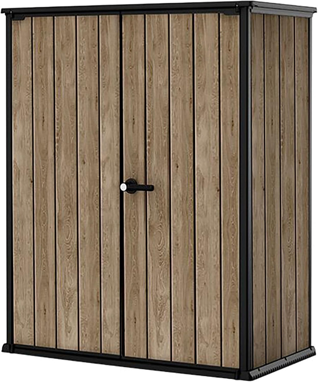 Keter Signature 1400L High Store Outdoor Storage Cabinet – Ashwood Brown | Vertical Shed with Shelves | Weatherproof Resin with Wood-Effect Finish | Lockable Double Doors
