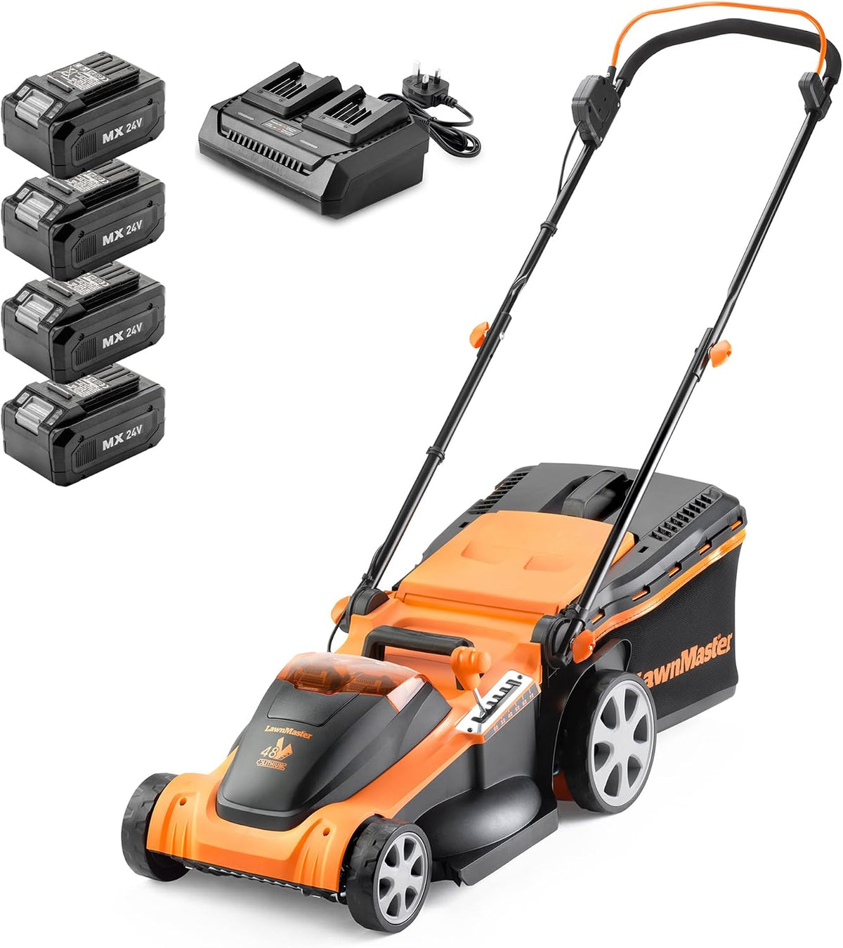 LawnMaster 48V 41cm Cordless Lawnmower with Spare Batteries & Dual Charger