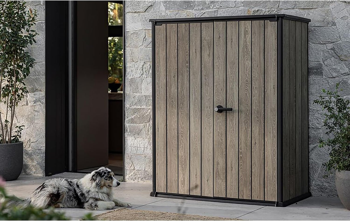 Keter Signature 1400L High Store Outdoor Storage Cabinet – Ashwood Brown | Vertical Shed with Shelves | Weatherproof Resin with Wood-Effect Finish | Lockable Double Doors